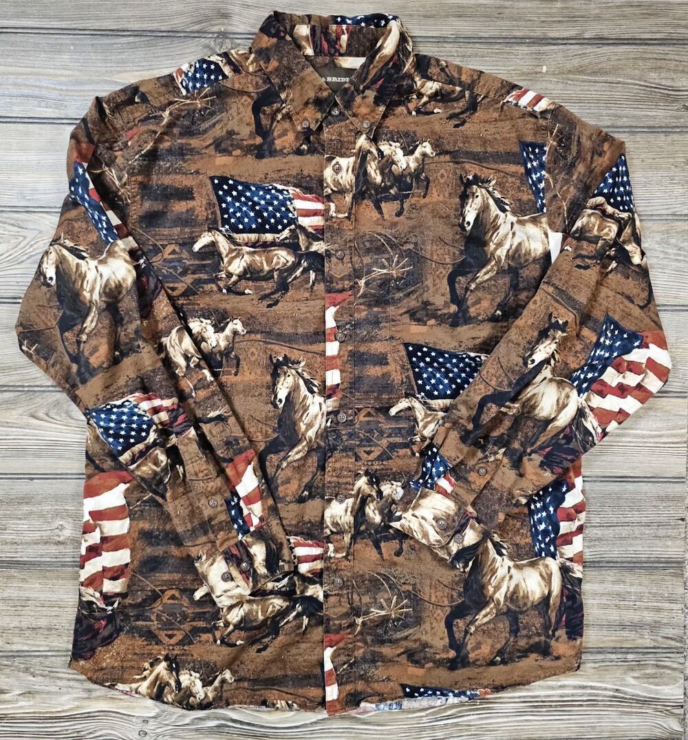 Bit & Bridle Shirt Mens Large Multicolor Horses American Flag Western Patriotic